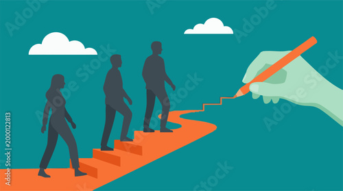 Hand drawing a progressive path and stairs for people ascending towards goals