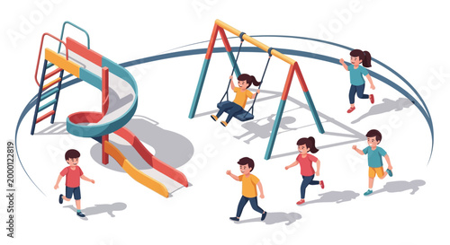 Illustrated children joyfully play on swings and slides in a playground, with a bright, cheerful color palette and a top-down perspective, set against a clean white background