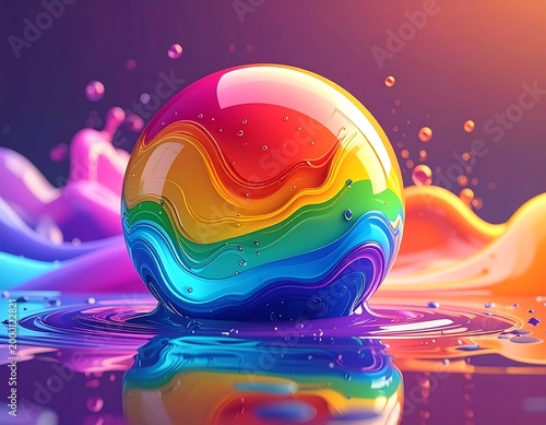 Vibrant Rainbow Sphere Floating on Colorful Liquid Waves
