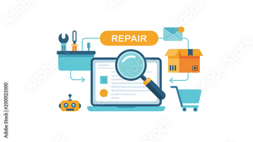 Flat design repair service concept with laptop and tools icons around  online support