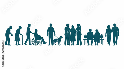 Silhouettes of people representing aging, disability, care, and community.