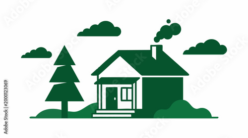 Green House Illustration with Pine Tree, Clouds, and Smoking Chimney