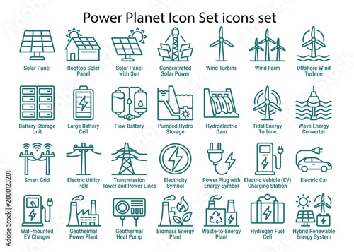 Power planet icon set for renewable energy sources and systems.