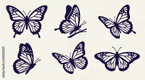 Collection of elegant butterfly silhouettes, vector graphic elements