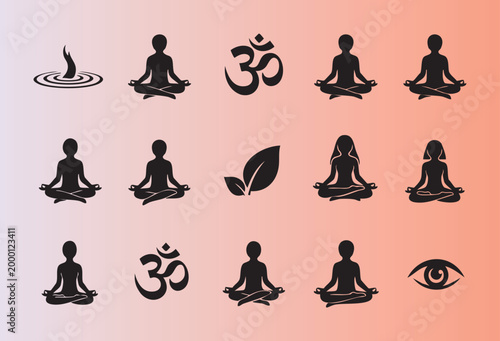 Collection of meditation and spiritual symbols with yoga poses and om icons