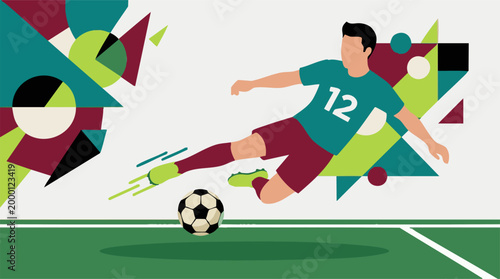 Dynamic soccer player kicking ball on field with abstract geometric background