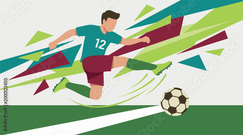 Dynamic flat design illustration of a soccer player kicking a ball