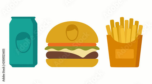 Fast food meal set: hamburger, french fries, and soda can illustration