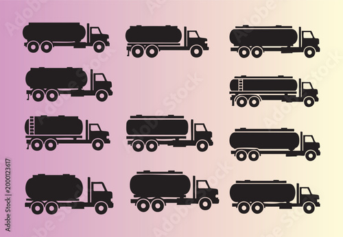 Collection of twelve tanker truck silhouettes in various designs isolated for logistics and transport themes