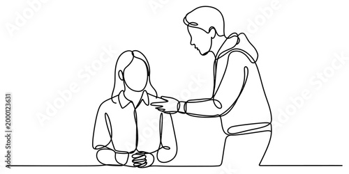 Young man comforting a woman sitting at a table in a continuous single line drawing style representing support empathy care and emotional connection