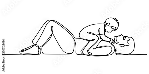Continuous single line drawing of a father lying down and playing with his little son who is sitting on his chest in a happy and lovely moment