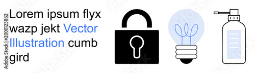 Data security, innovation, hygiene, technology, digital protection, safety measures. A padlock, lightbulb and sanitizer bottle with text. Data security and innovation concept visually