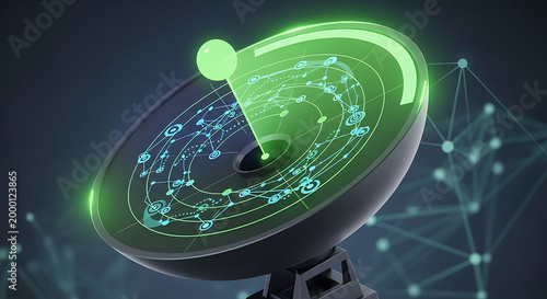 Futuristic radar scanner detecting network nodes and connected information data points across glowing circular display for advanced surveillance monitoring.