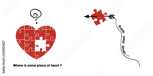 Red jigsaw puzzle heart with a missing piece and question mark. An arrow brings the piece from a lover. Concept of finding true love, completing a relationship, and romance graphic design.