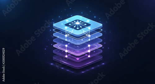 Layered digital platform structure with glowing network nodes and circuit connections representing stack architecture and cloud computing infrastructure.