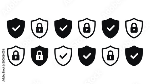 Shield security icon set with protection symbols including check mark and lock sign, vector illustration for cybersecurity, safety and data protection concepts.