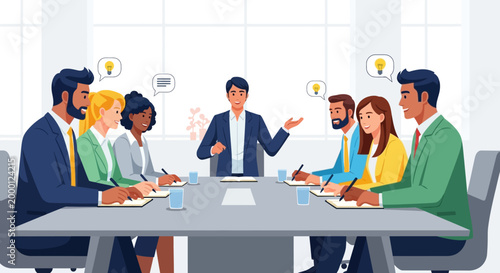 Diverse business team in a meeting, brainstorming ideas around a conference table.