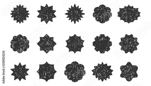 Starburst labels, price tags crayon scribble texture, discount badge set. Sale circle sticker. Wavy, scallop edge promo blank. 