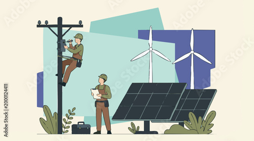 Technicians working on renewable energy and electrical power grid maintenance