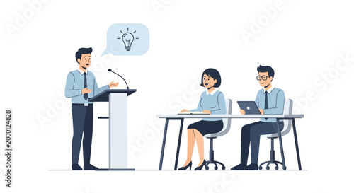 Man presenting idea at podium to seated audience, lightbulb icon above speech bubble