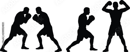 Diverse silhouette poses of male boxers in fighting stance and ready to attack isolated on transparent background