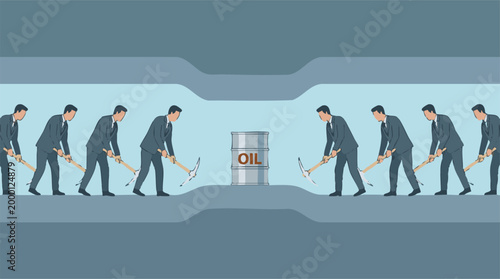 Corporate effort: Businessmen with pickaxes digging for oil barrel