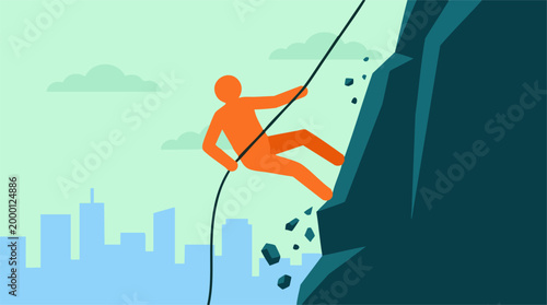 Person rappelling down steep cliff, city skyline, overcoming business challenges