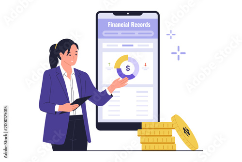 Illustration of Analyzing Personal Financial Records on Mobile. A professional woman presenting a financial records dashboard on a giant smartphone screen, showing income and expense tracking charts