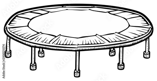 Black and white hand drawn illustration of a round trampoline.