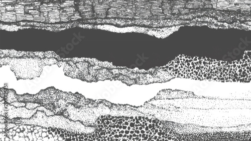 Abstract artistic illustration with various textures and patterns combined