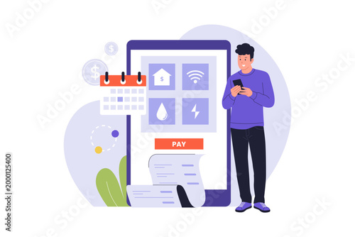 Illustration of Monthly Utility Bill Payment on Smartphone. A man using his phone to pay various monthly utilities like electricity and water, showing organized household financial management