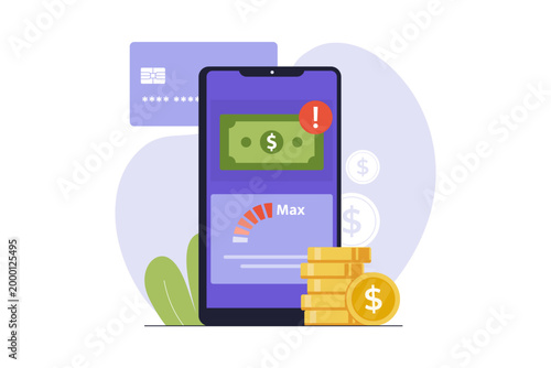 Illustration of Managing Monthly Transaction Limit on Mobile App. A smartphone screen showing a transaction limit gauge with a warning icon, representing financial control and spending safety