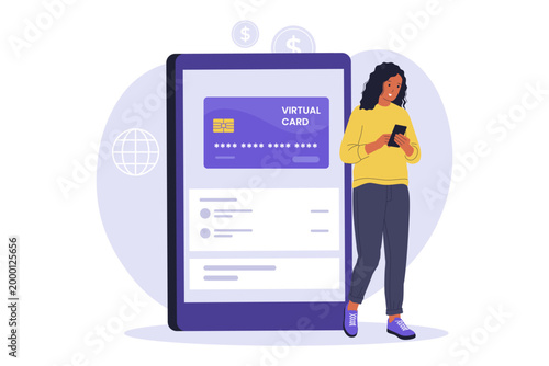 Illustration of Virtual Debit Card Payment on Tablet Device. A woman shopping online using a virtual debit card displayed on a large tablet, representing secure and cardless digital transactions