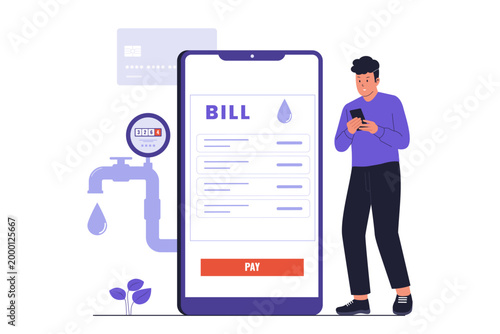 Illustration of Paying Water Utility Bill through Mobile Application. A man using his smartphone to pay a water bill, illustrated with a water tap and drop icon to represent utility service payments
