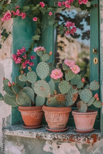 Rustic stone windowsill with terracotta pots showcasing blooming Opuntia cacti and vibrant pink bougainvillea under natural light and serene surroundings.