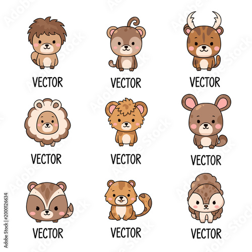 Tableau sur toile Collection of nine adorable cartoon baby animals, each with a unique species and a 'VECTOR' label below