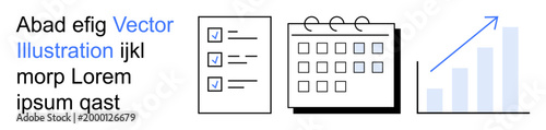 Business planning, productivity tools, data analysis, project management, time management, growth strategy. Icons of a checklist, a calendar and an upward graph. Business planning and productivity