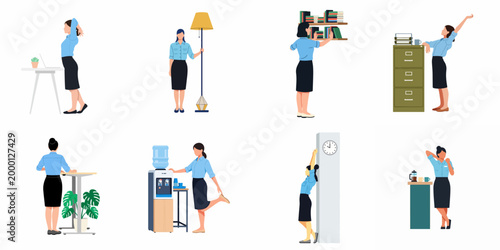 Collection of flat illustrations showing a professional businesswoman stretching and exercising in various office settings for healthy posture and wellness at work.