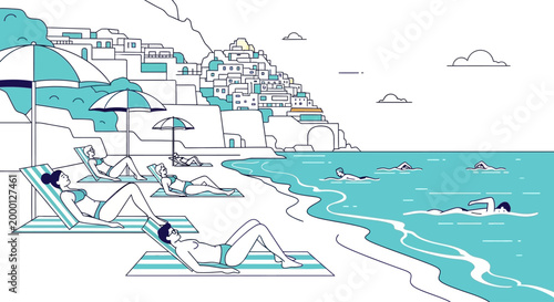 Illustration of people relaxing on a beach with lounge chairs and umbrellas, with a town on a hillside in the background, against a white and blue color palette.