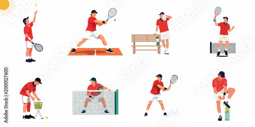 Collection of flat vector illustrations depicting a male tennis player in various actions like serving, hitting, resting, and celebrating on a white background.