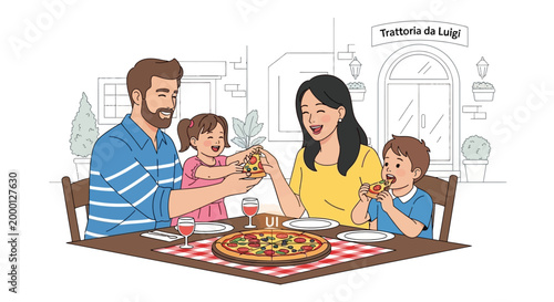 Illustration of a family of four eating pizza together at a restaurant table with a red and white checkered tablecloth.