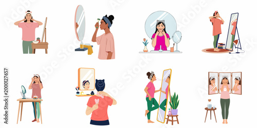 Collection of women practicing face yoga exercises and skincare routines using mirrors, jade rollers, and gua sha for facial health and beauty wellness.