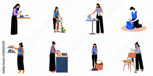 Set of flat vector illustrations depicting a woman preparing healthy meals, packing lunch boxes, and organizing food for her family or herself.