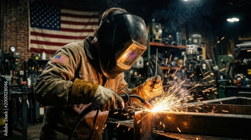 Professional Welder Working with Sparks and American Flag Background