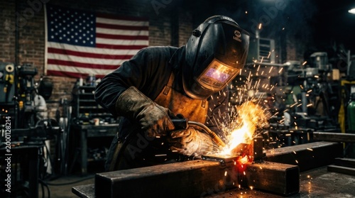 Close Up of Industrial Welder Fabricating Metal in Workshop