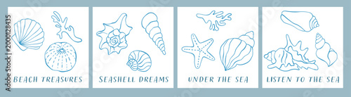Sea shells greeting card, sea animals, coral illustration, line drawing sea animal collection poster, doodle style. Underwater creatures, vector line illustrations