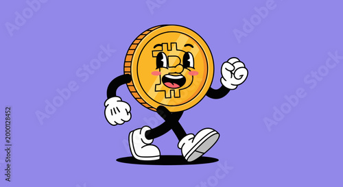 Cartoon Bitcoin Character Walking with Enthusiasm.