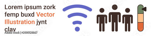 Communication, technology, data sharing, internet access, wireless networks, connection metrics. Three human figures near a wireless signal and a color-coded bar graph. Communication and technology