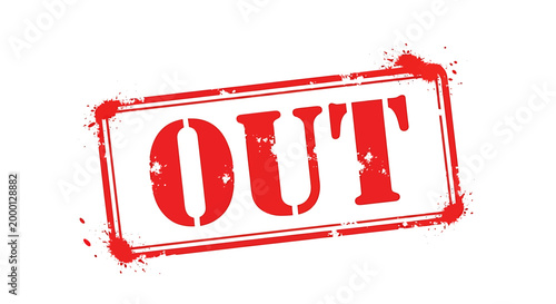 A red rubber stamp with the word "OUT" printed in bold, distressed capital letters, set against a white background.