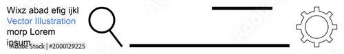User interface, digital tools, technology, data management, search optimization, workflow design. Magnifying glass, text lines and gear icon interaction. Search and digital tools concept